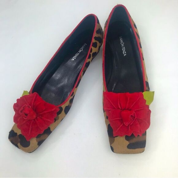 Ramon Tenza Leopard Print Flats with Red Floral Accent - Picture 1 of 16